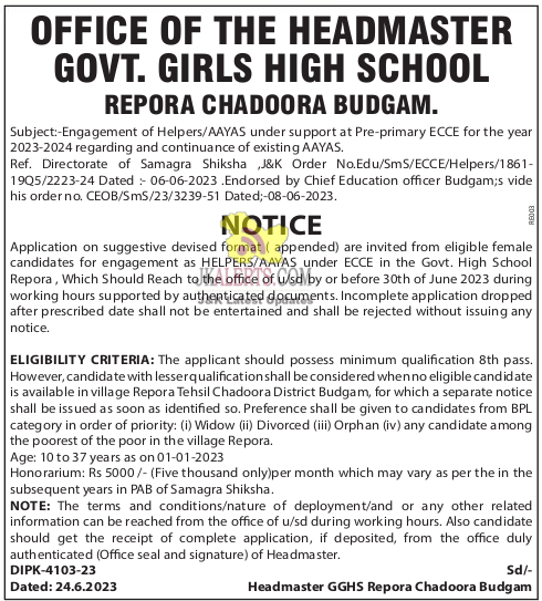 HelpersAayas Jobs in Govt. High School Budgam.