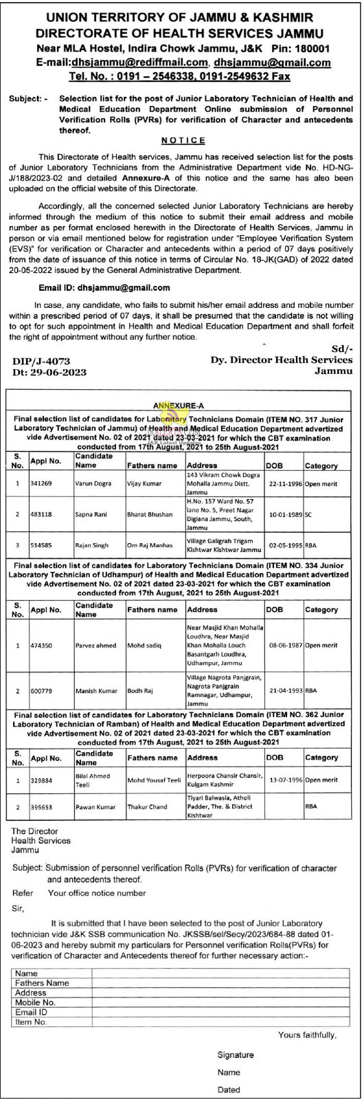Selection List for the post of Junior Laboratory Technician.