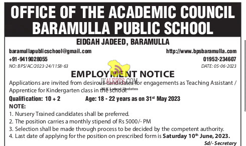 Teaching Assistant Apprentice Jobs in Baramulla public school.