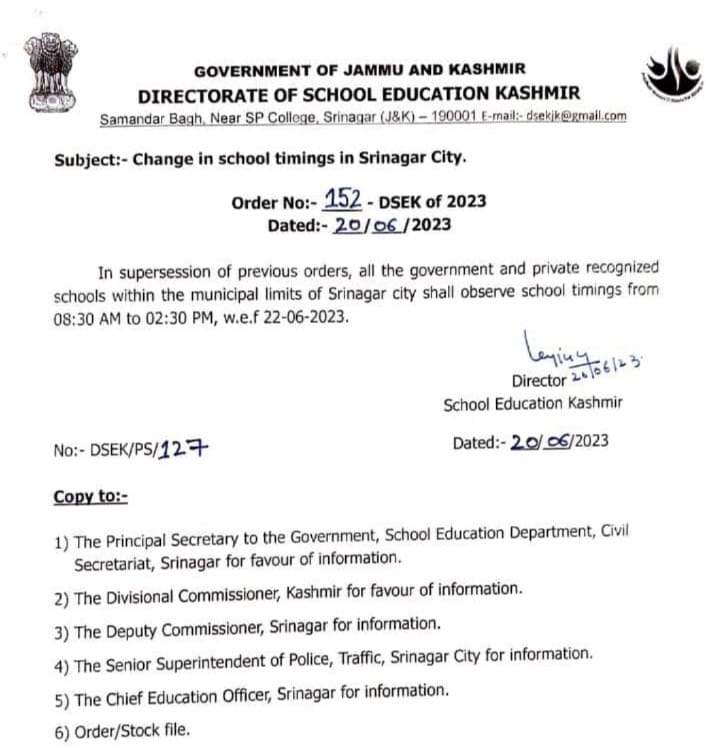 School Timings Changed in Srinagar.