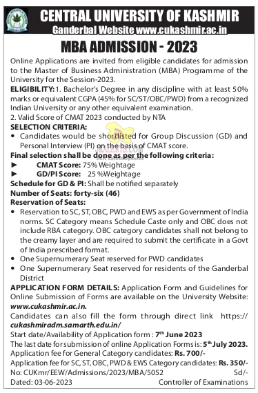 Central University of Kashmir Notification Regarding MBA Admission