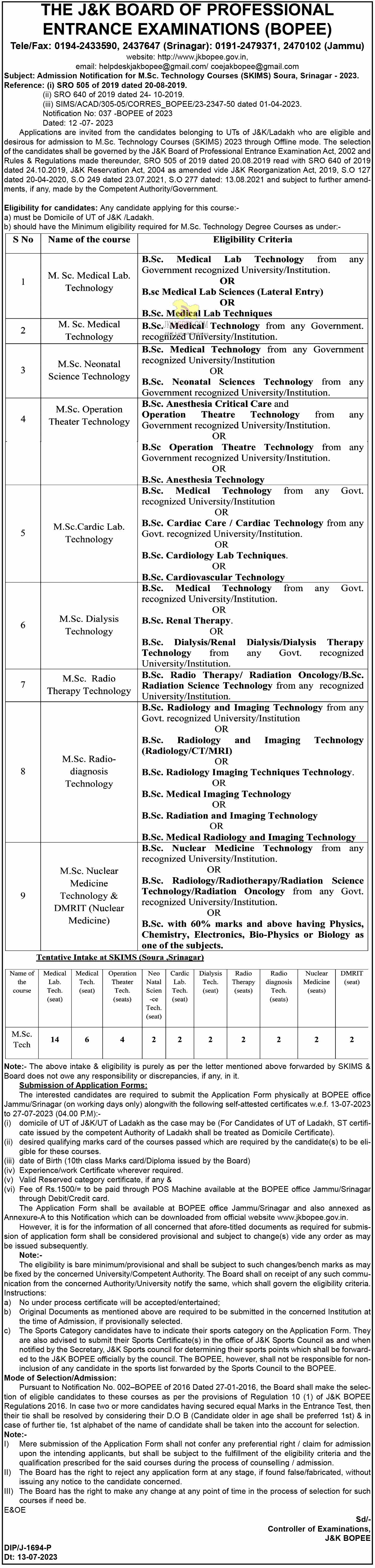 JKBOPEE Admission to M.Sc. Technology Courses (SKIMS)