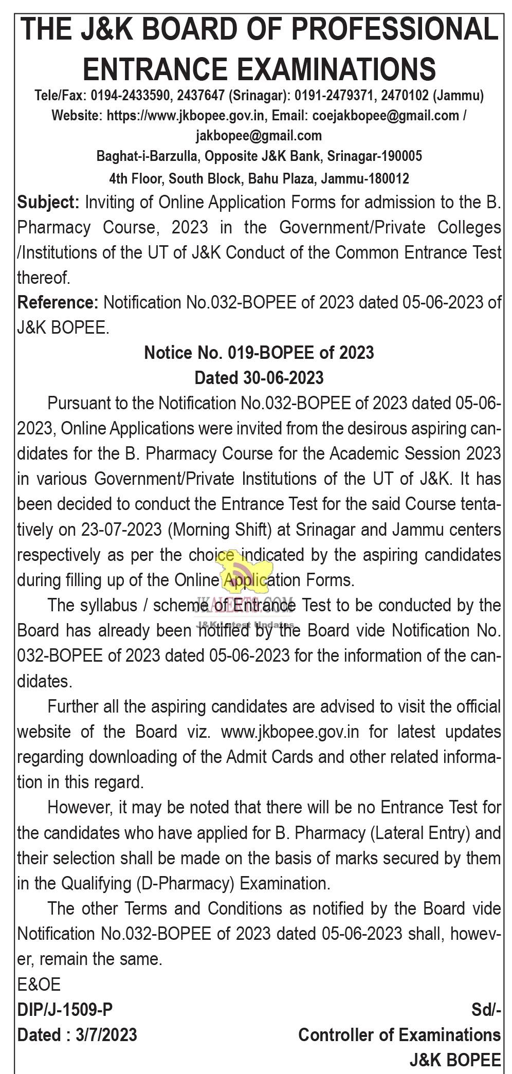 JKBOPEE admission to the B.Pharmacy Course, 2023
