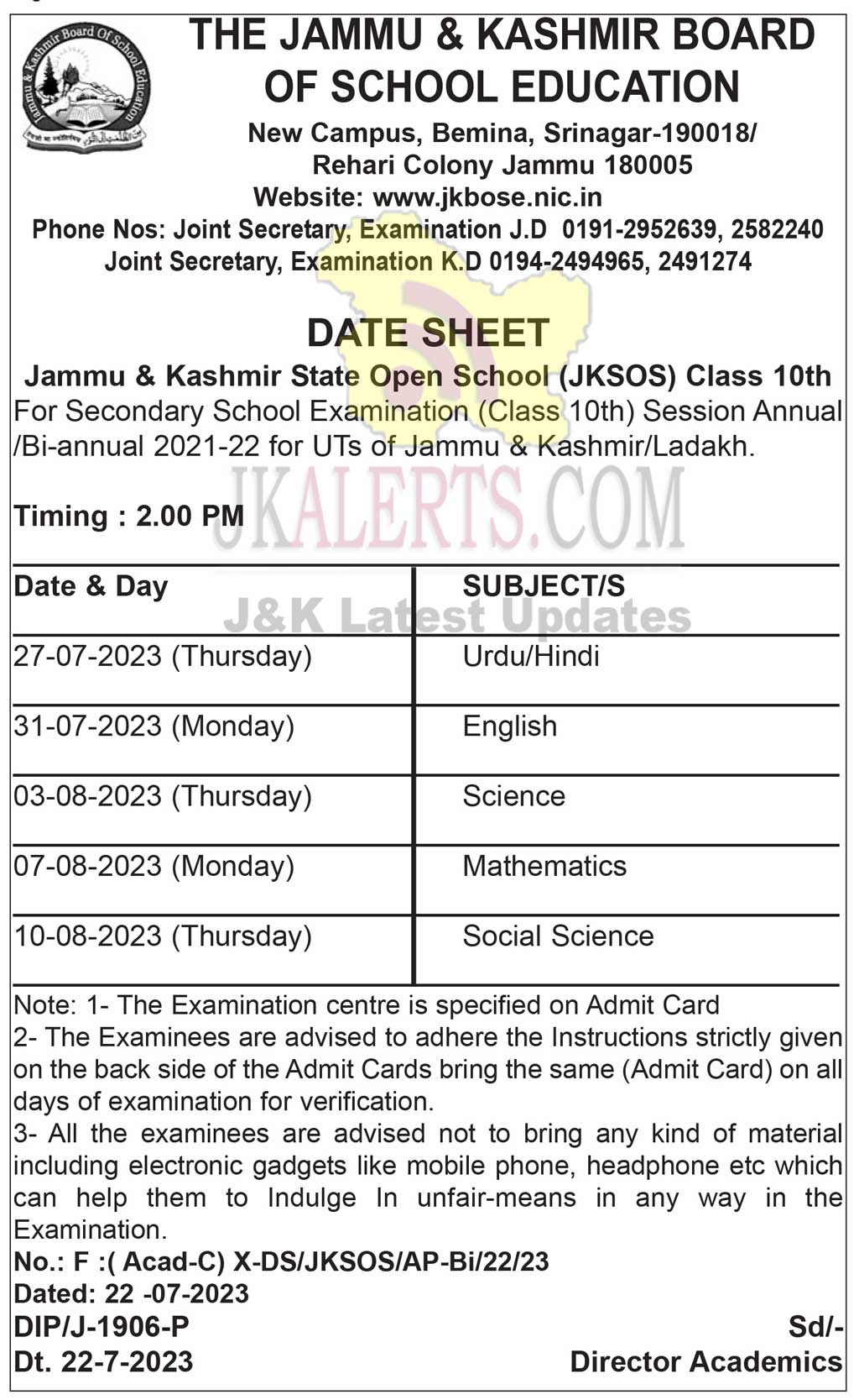 JKSOS Class 10th Date Sheet.