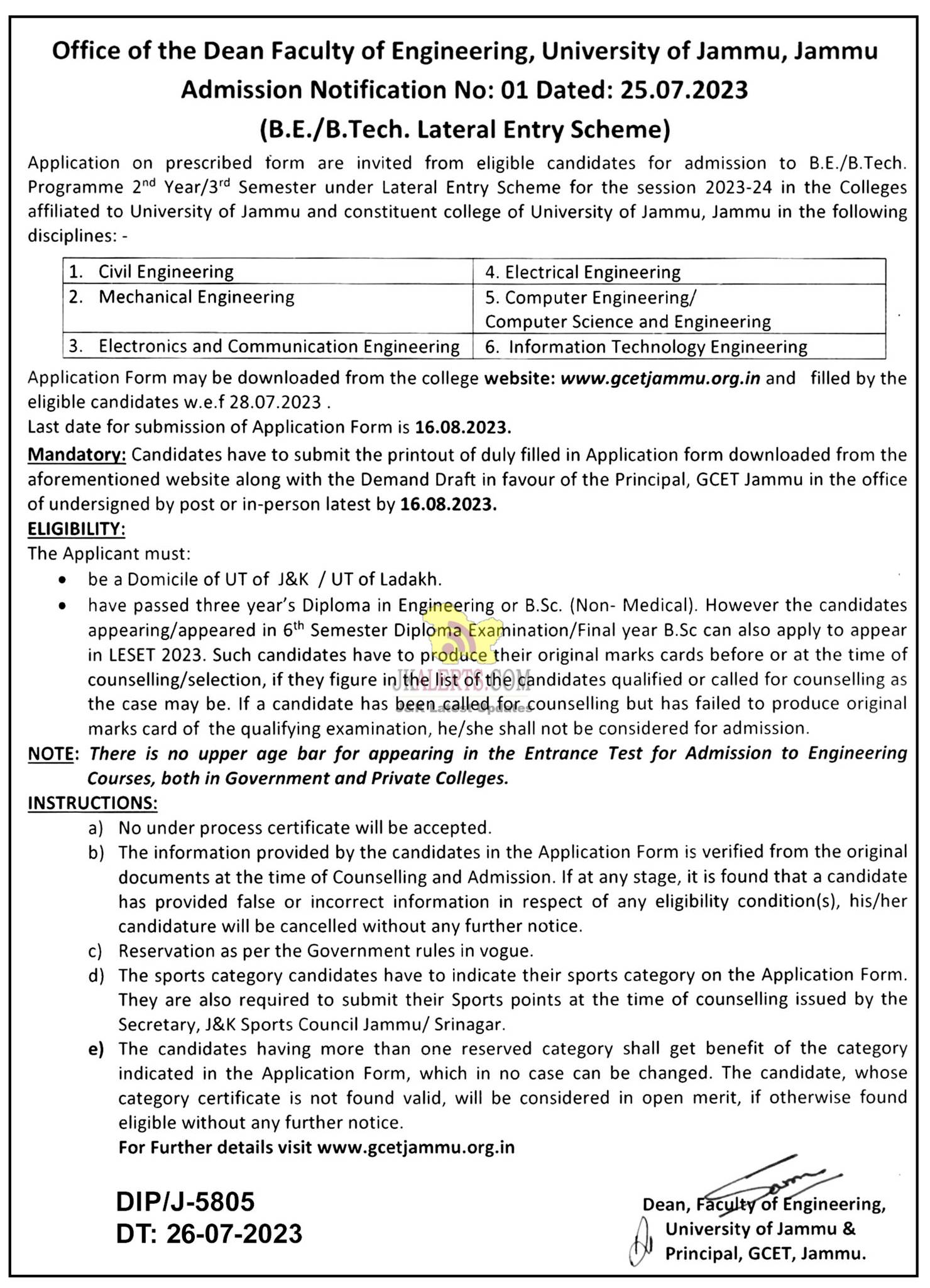 Jammu University Admission Notice for B.E.B.Tech. Programme.