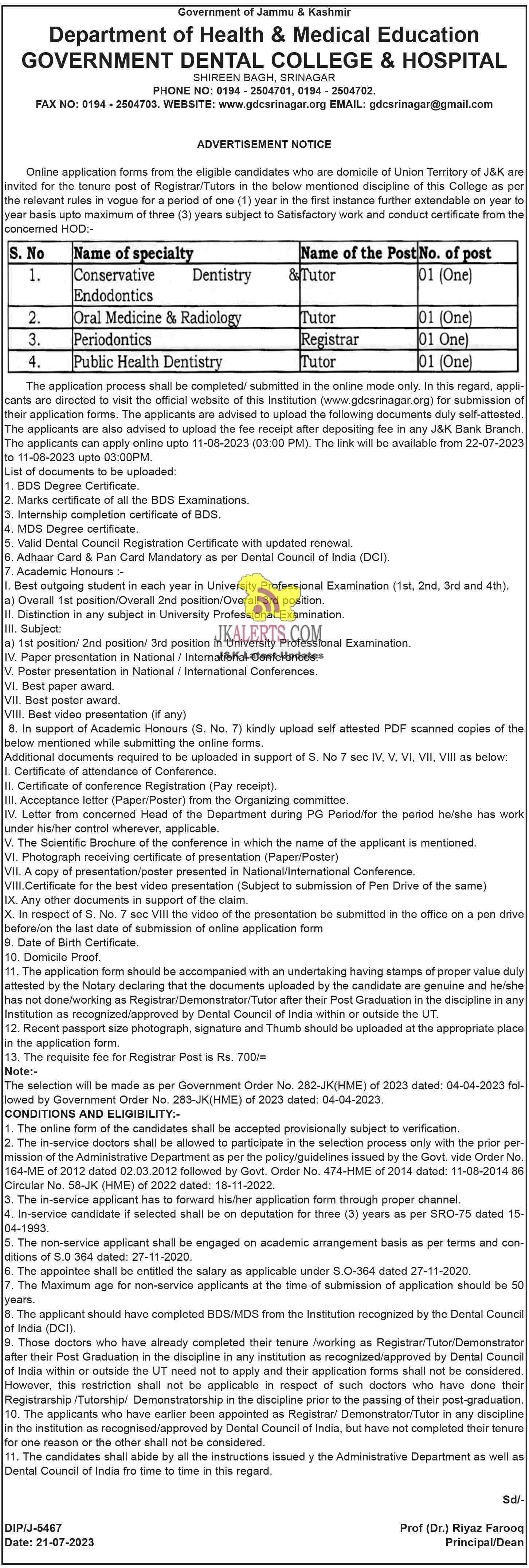 Various Job Recruitment in Govt. Dental College & Hospital Srinagar
