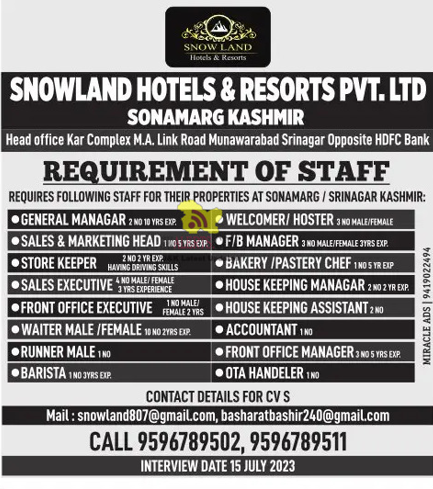 Various-Jobs-in-Snowland-Hotels-Resorts-Pvt.