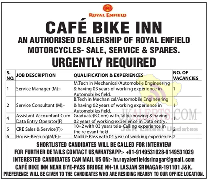 Cafe Bike Inn Jobs Recruitment 2023.