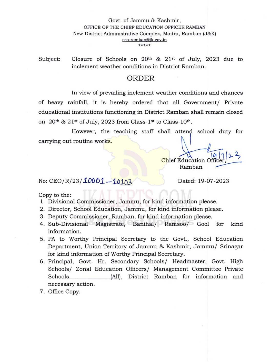 School remain closed on 20th and 21st July in District Ramban.