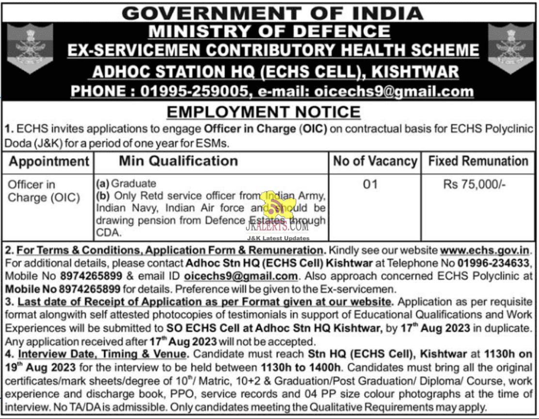 ECHS Officer Incharge Recruitment 2023