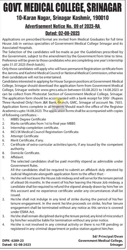 GMC Srinagar Jobs Recruitment 2023.
