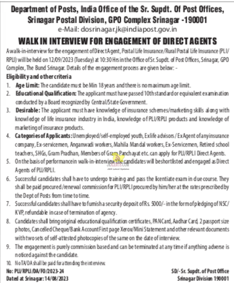 GPO Srinagar Job Vacancy 2023, Walk-in-Interview