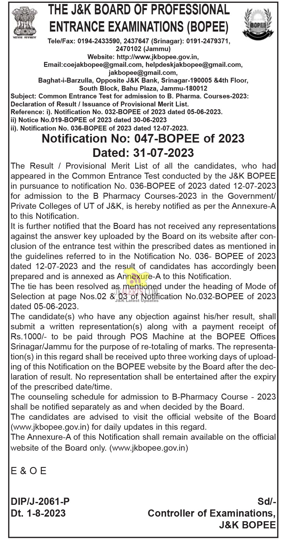 JKBOPEE Declaration Result of B. Pharma. Courses-2023.
