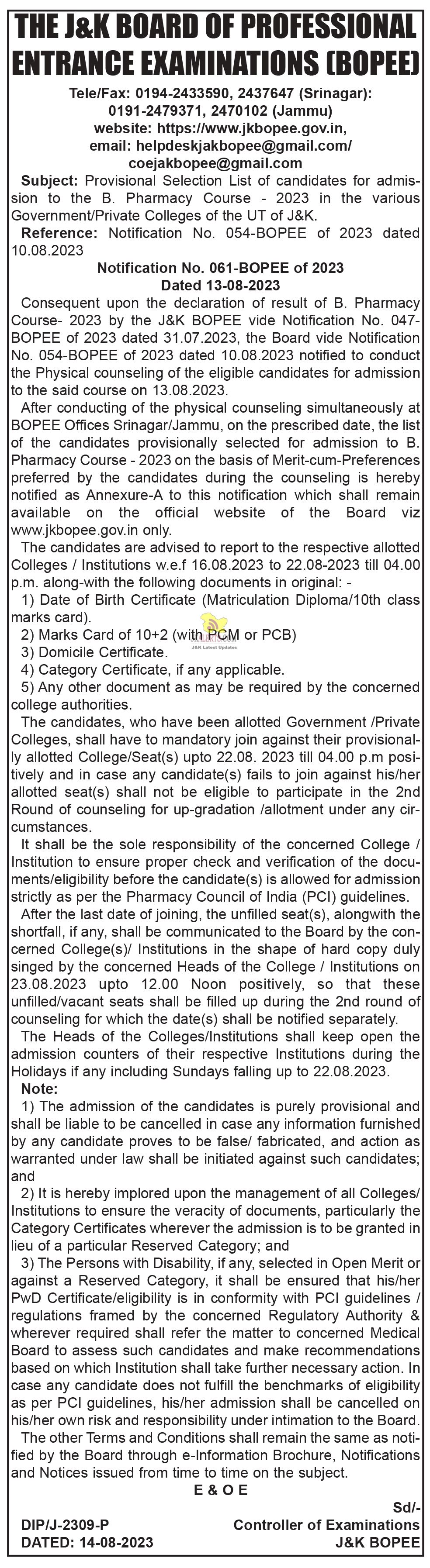 JKBOPEE Selection List for admission to the B. Pharmacy Course 2023.