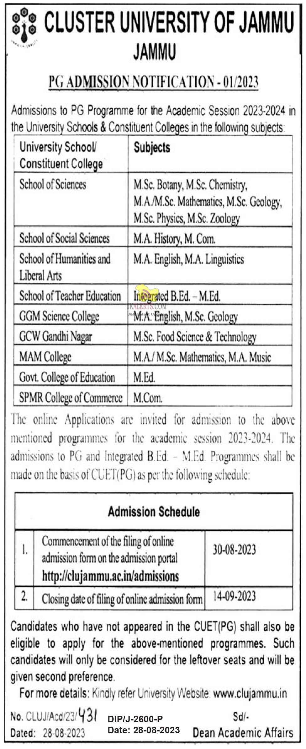Jammu Cluster University PG Admission Notification.