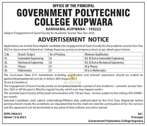 Jobs in Govt. Polytechnic College Kupwara.