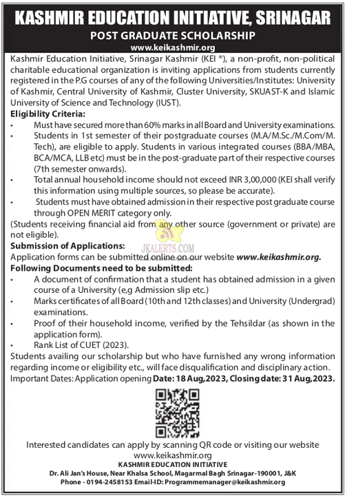 Kashmir Education Initiative KEI Scholarship 2023-24. PS to CEO Requirement:(MBA/M.Com) Experience: (2 years experience in secretarial job) Sales officers Requirement: Graduate) Experience: 3 years experience in ppr piper & fittings) Interview will be held on (12 aug 2023) How to apply: Kindly bring your CV along with you hr@bandayimpex.Com Important Link for Candidates appearing in  JKSSB Upcoming Exams. For all Jobs Updates download jkalerts app: https://goo.gl/MrMdWO. For Free JKSSB MCQ Practise Questions Click Here. Join us on Telegram: tx.me/jkalerts. Follow Us on Instagram: instagram.com/jkalerts. Download Current Affairs For JKSSB Exams Click Here.