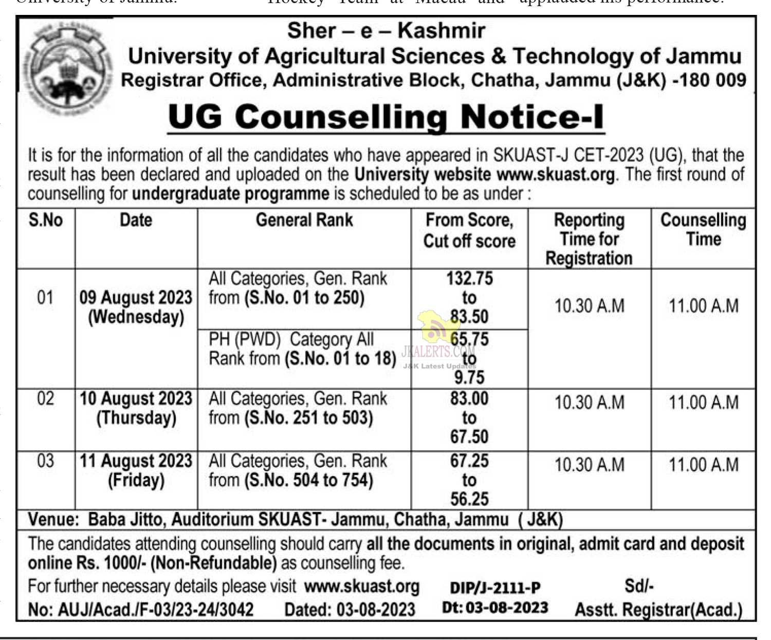 SKUAST Jammu UG Counselling Notice-l.