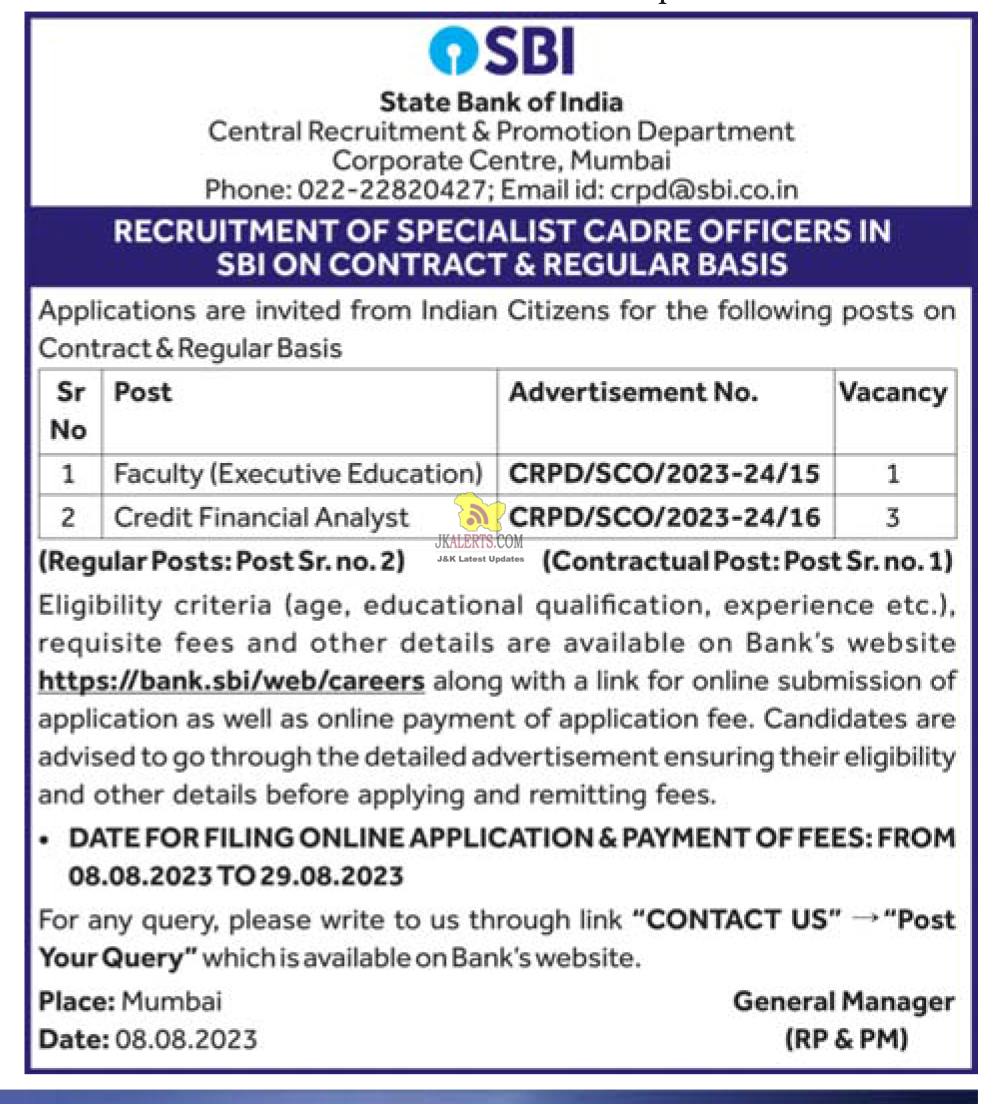 SBI Jobs Recruitment.