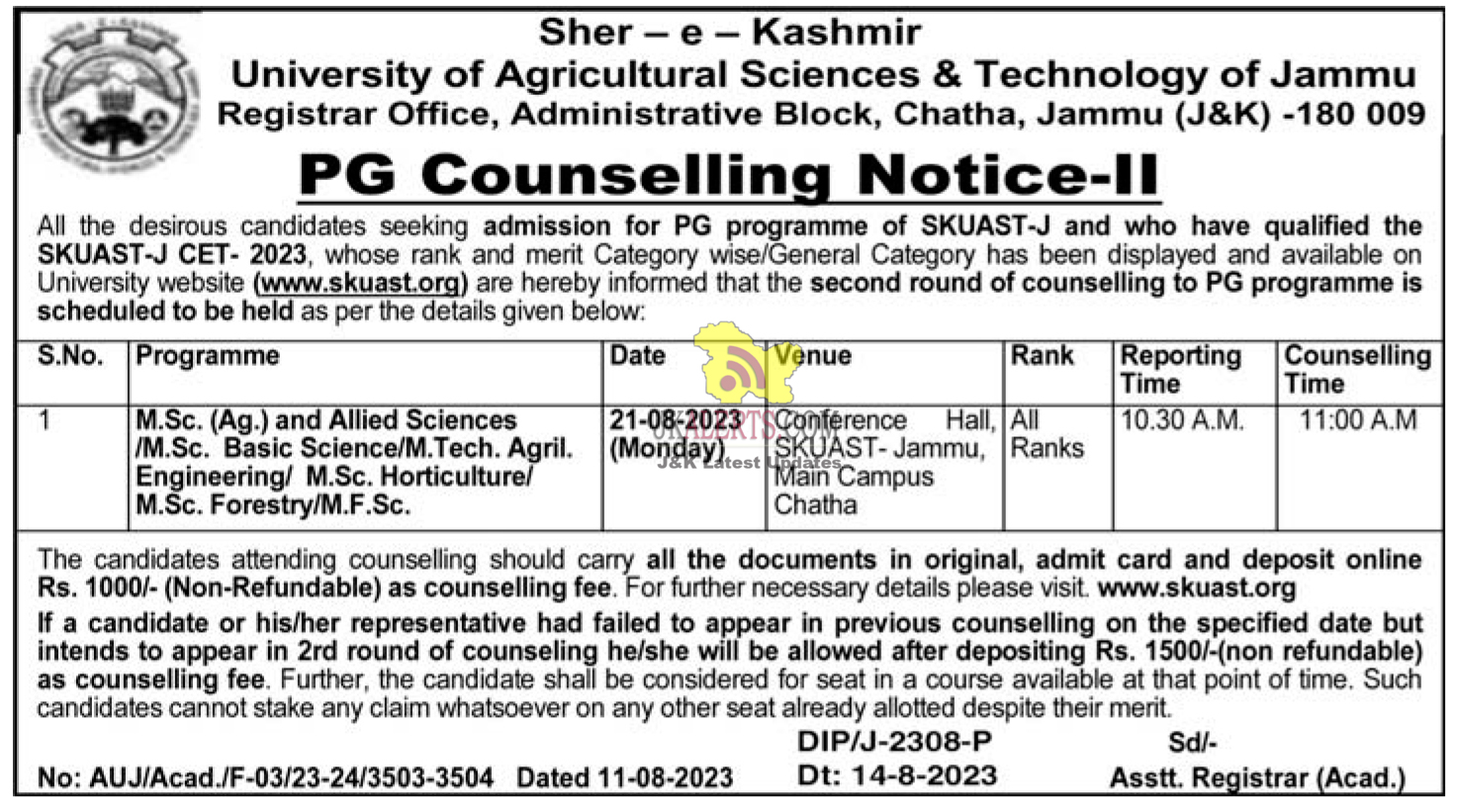 SKUAST Jammu PG Counselling Notice.