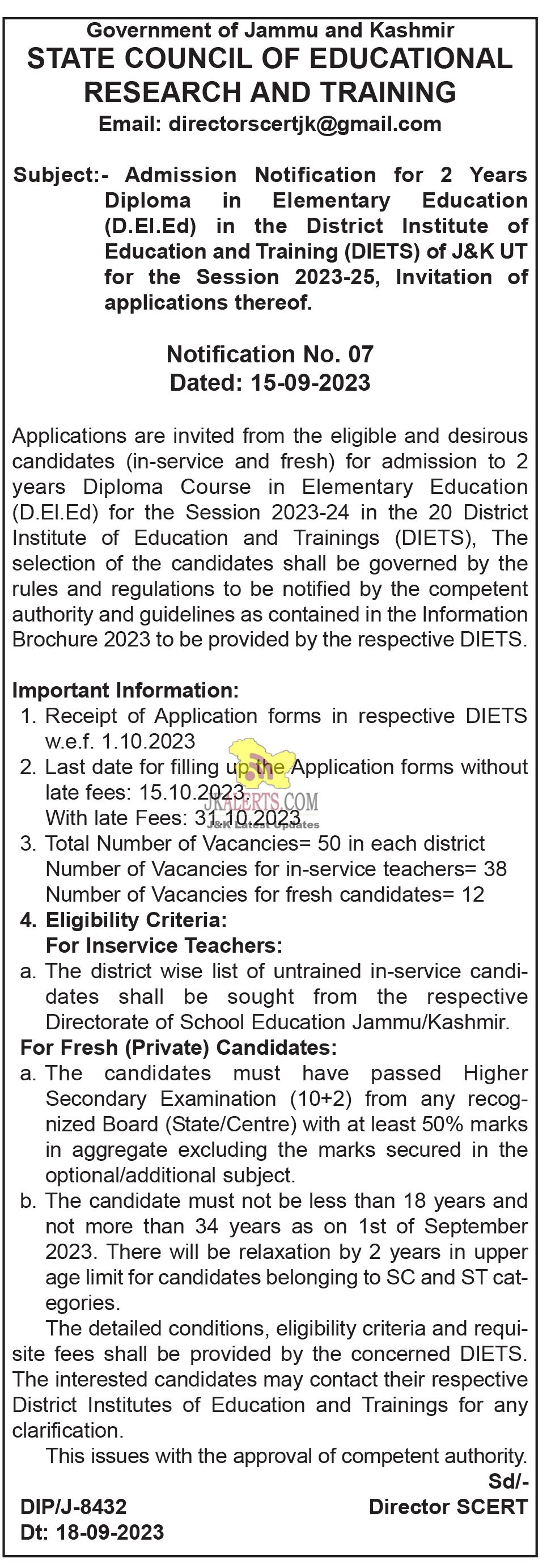 Admission Notification for Diploma in Elementary Education (D.El.Ed).