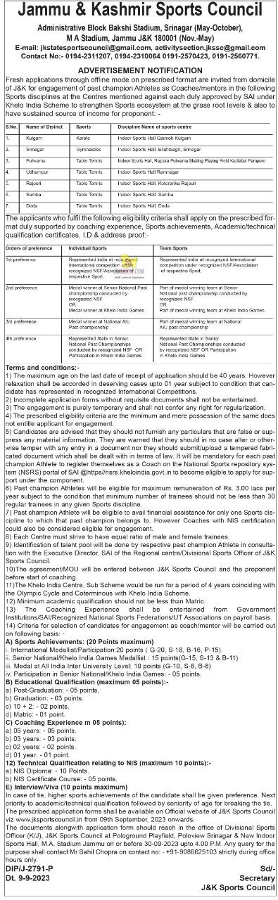JK Sports Council Jobs Recruitment 2023.