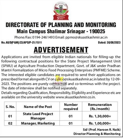 Job Recruitment in SKUAST-Kashmir 2023