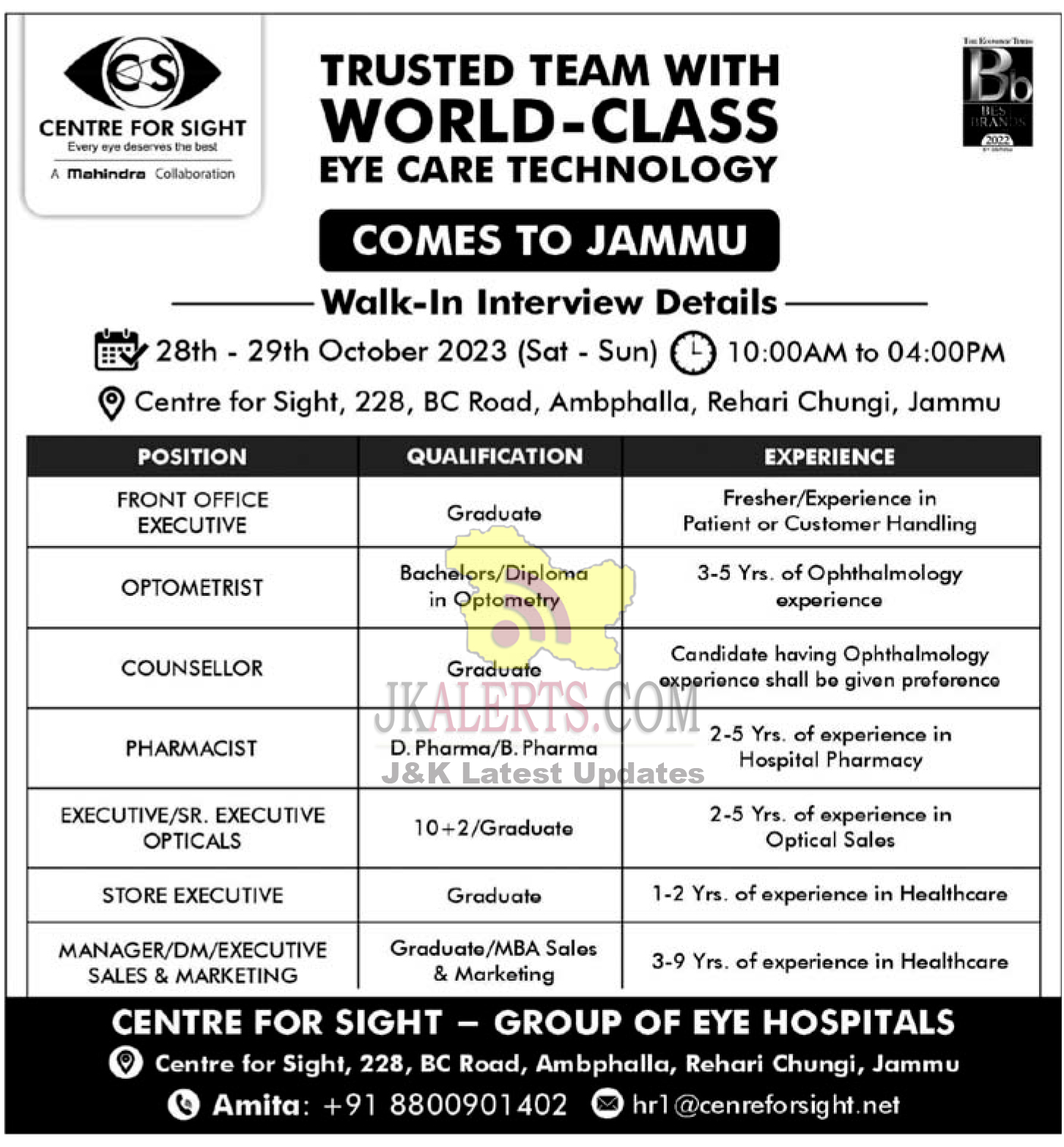 Centre for Sight-Group of Eye Hospitals Walk-In-Interview.