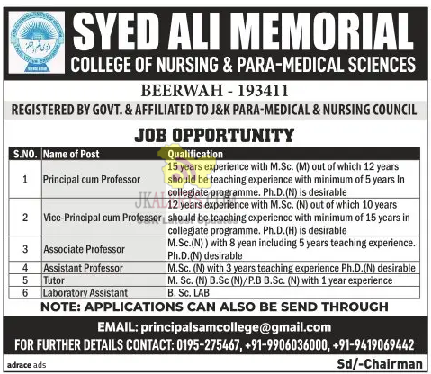 Syed Ali Memorial College of Nursing & Para-Medical Sciences Jobs.