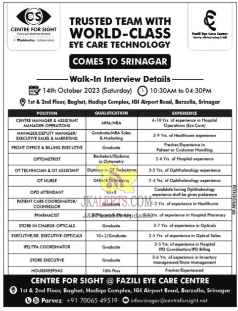 Various Jobs in Centre for Sight.