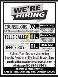 Counselors, Tellecaller and Office Boy Jobs.