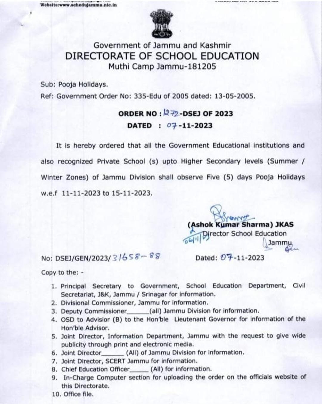 Pooja Holidays in schools across Jammu Division from November 11 to 15.
