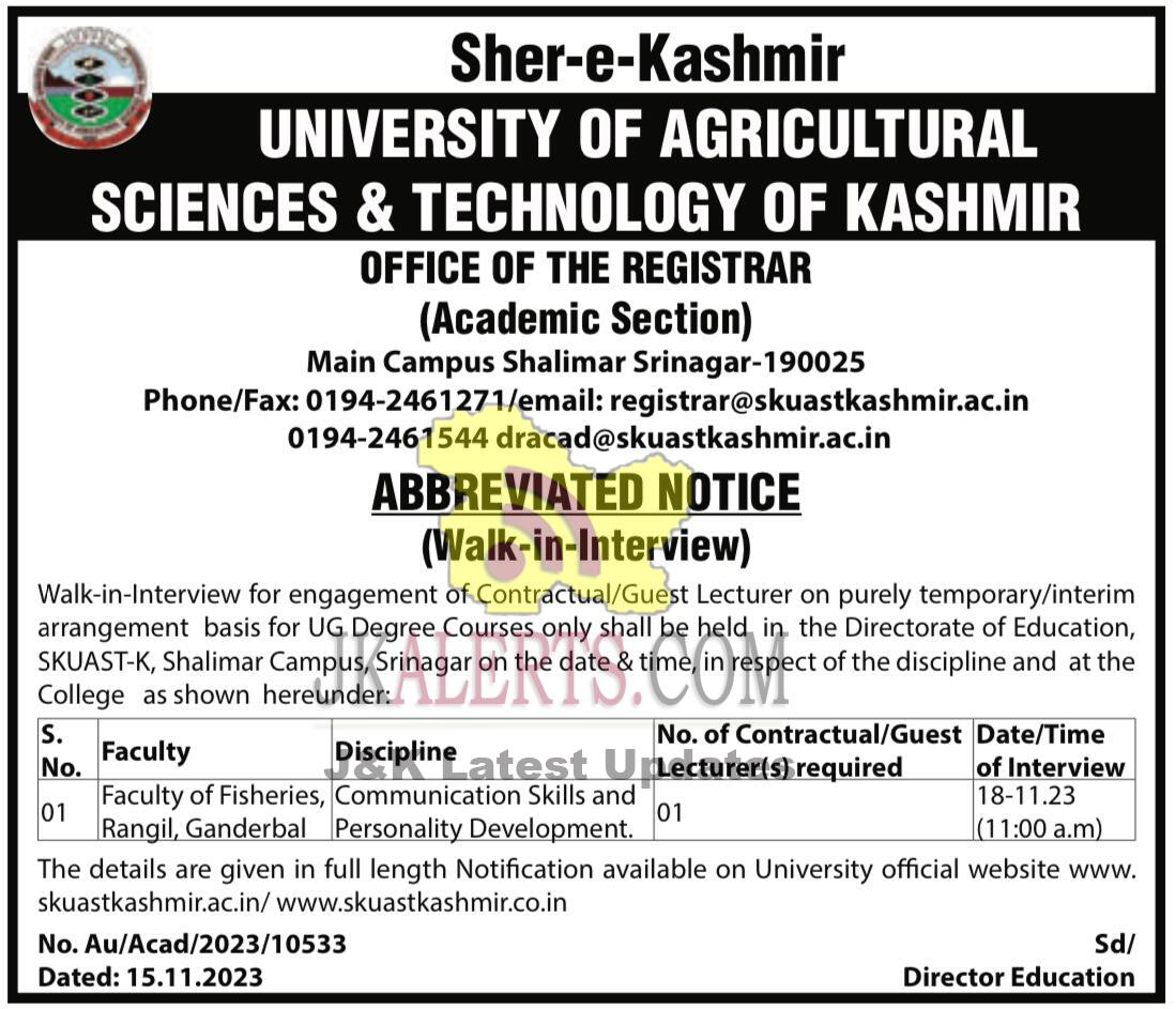 SKUAST-Kashmir Job Recruitment 2023