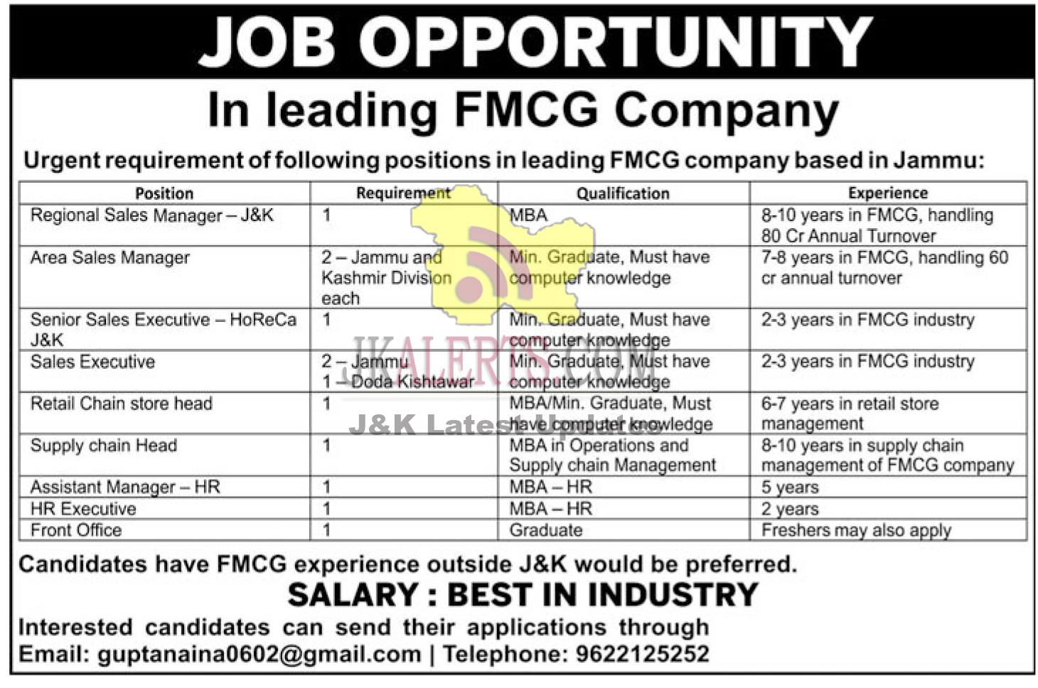 Various Jobs in FMCG company Jammu.