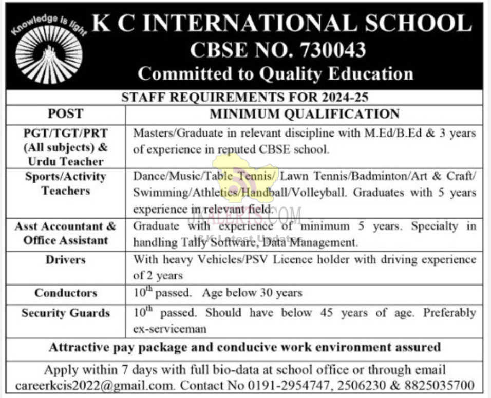 Various Jobs in KC International School.