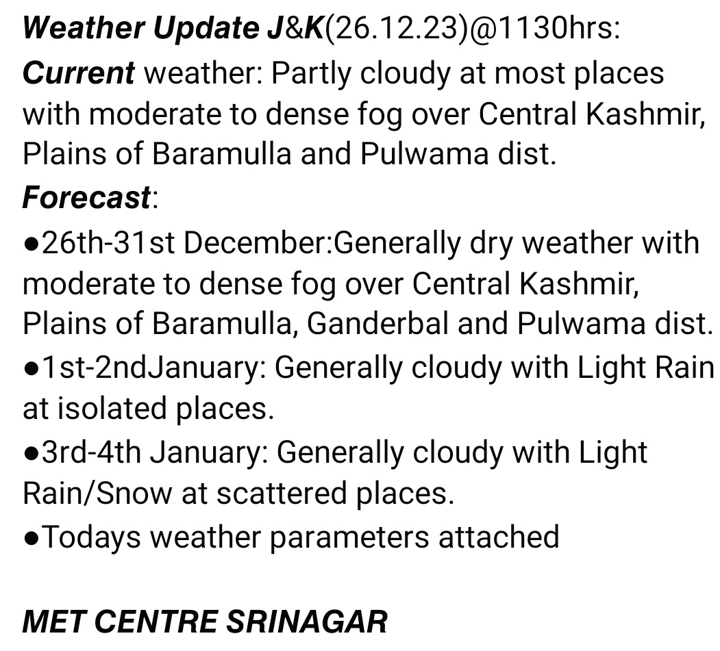 Weather Update J&K 26 Dec 2023.