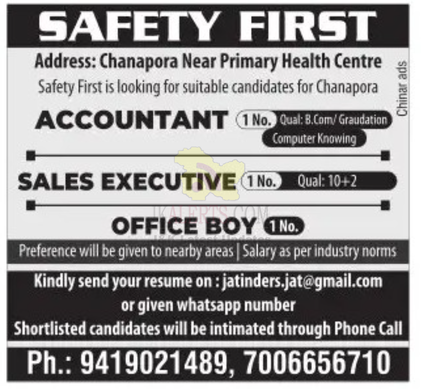Accountant, Sales Executive and Office Boy Jobs.
