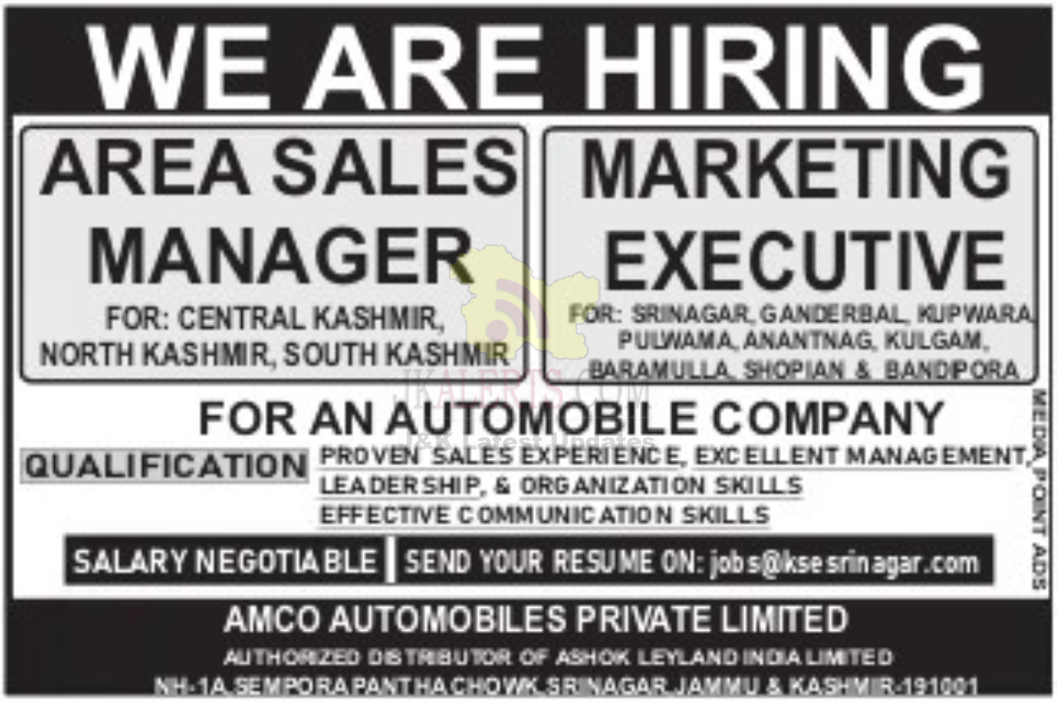 Area Sales Manager and Marketing Executive Jobs.