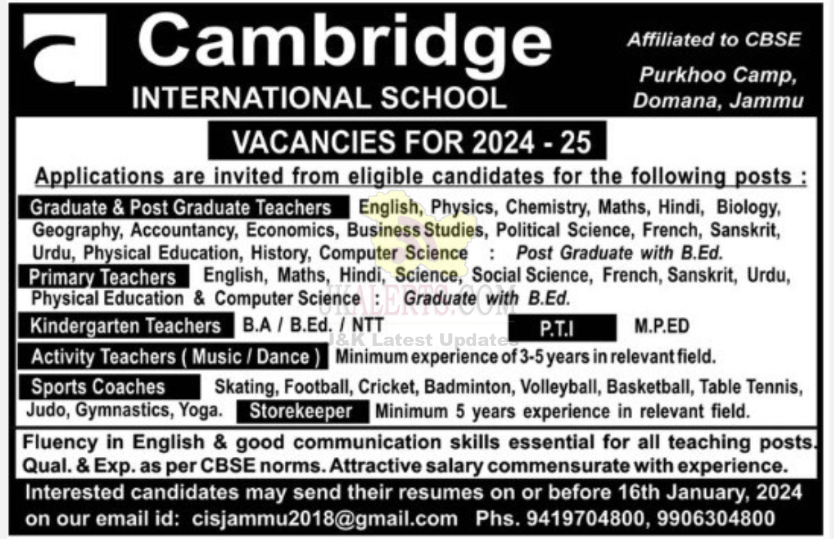 Cambridge International School Jobs.