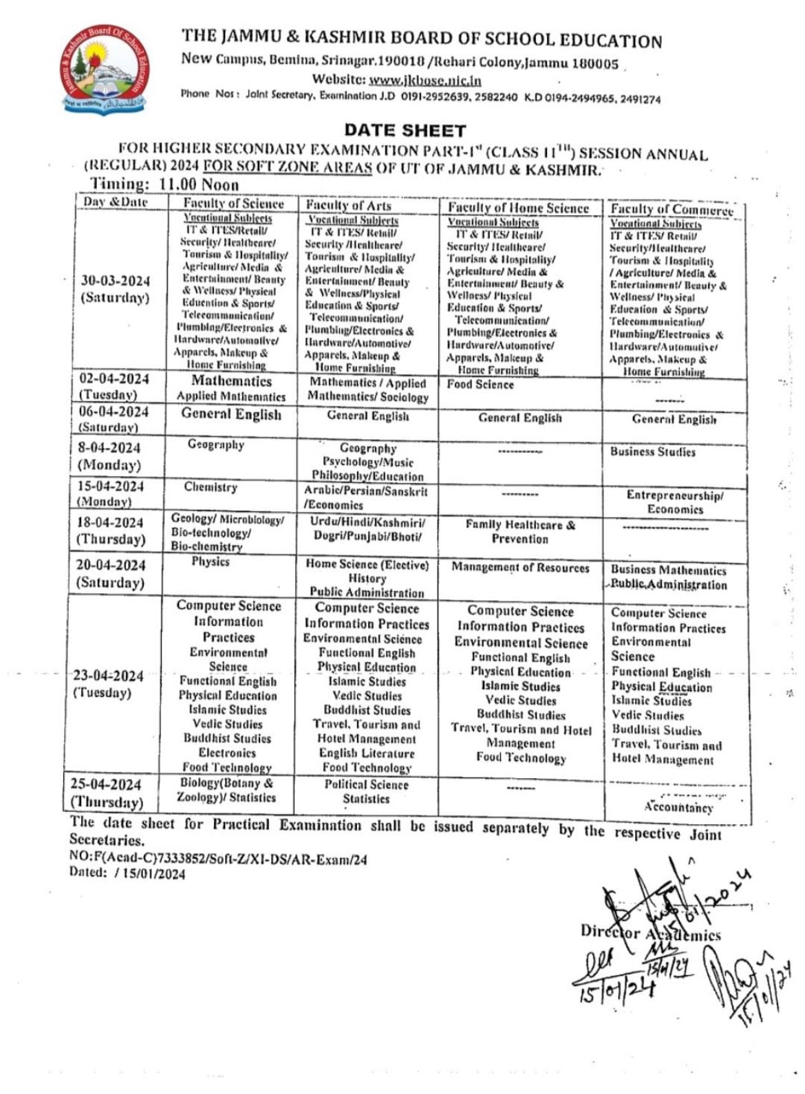 JKBOSE Class 11th Date Sheet Released Download Now.