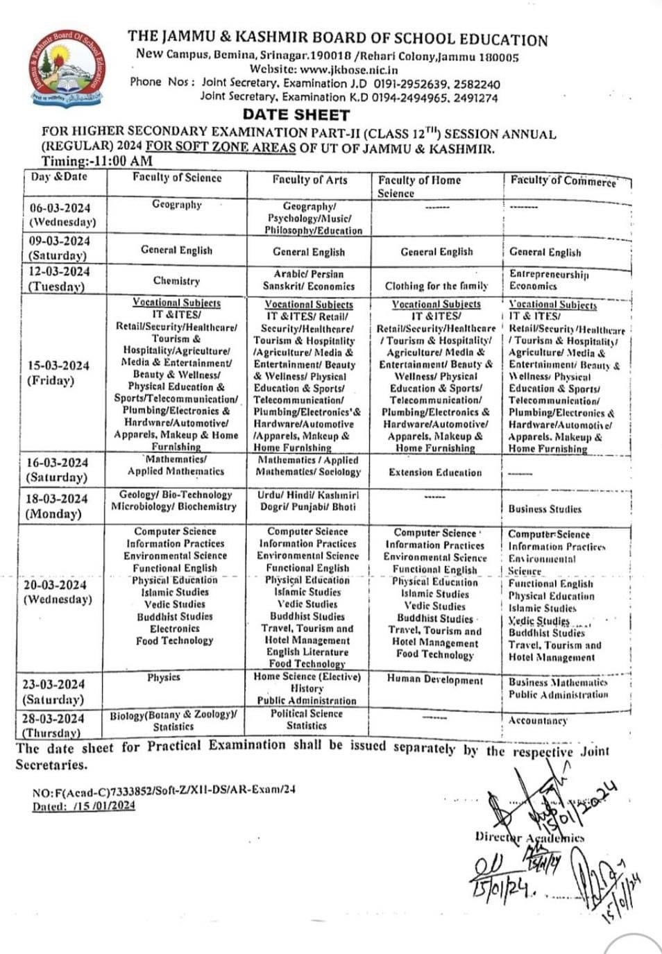 JKBOSE Class 12th Date Sheet Released Download Now.
