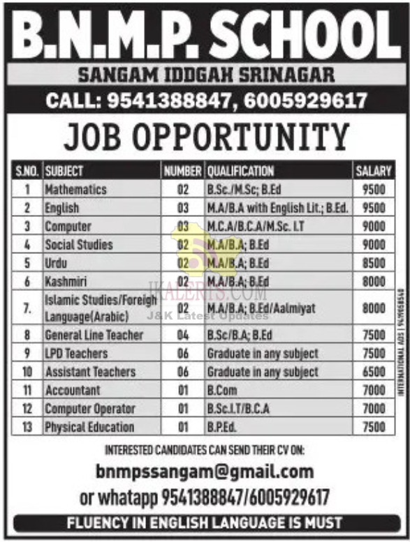 B.N.M.P School Srinagar Jobs.