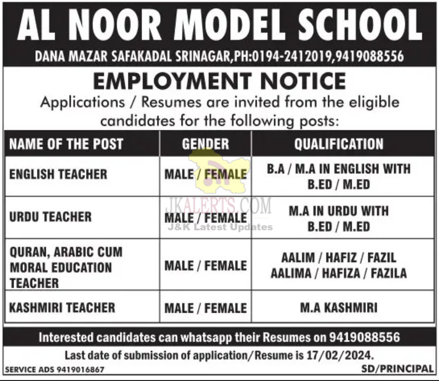 Jobs in Al Noor Model School.