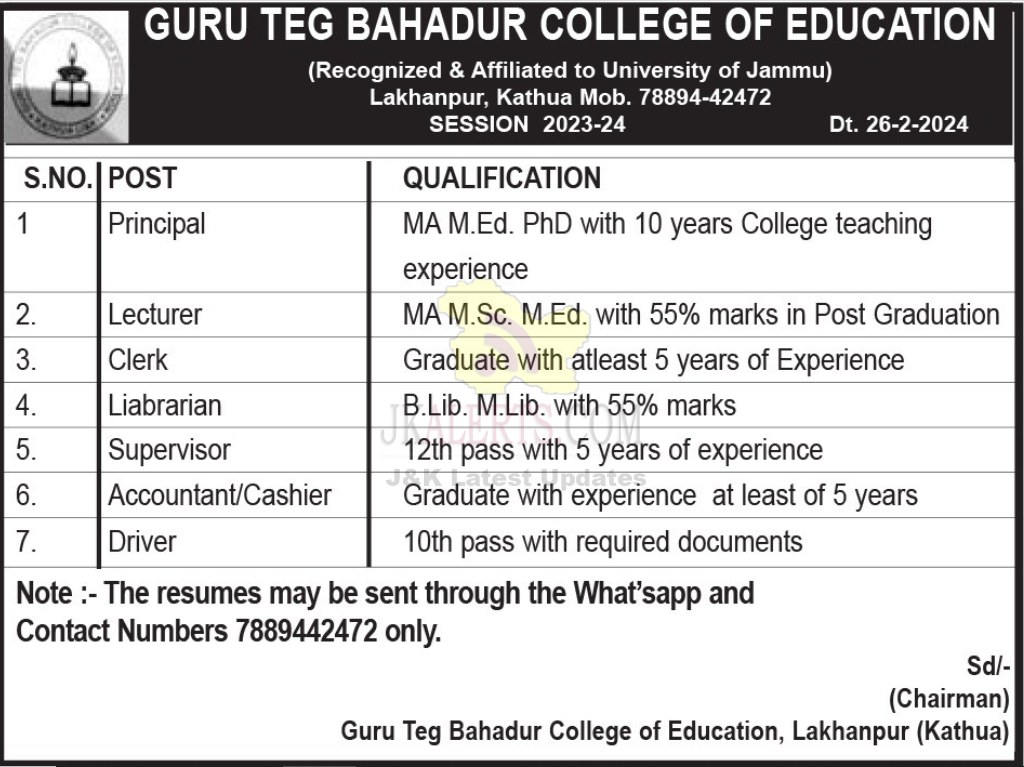 Jobs in Guru Teg Bahadur College of Education.