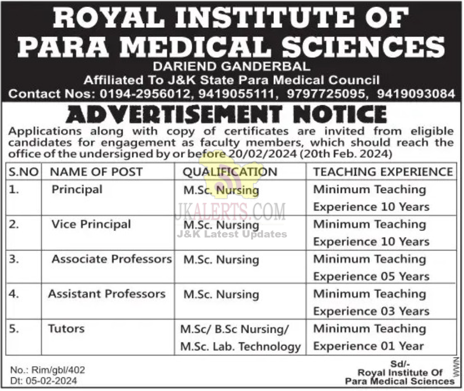 Jobs in Royal Institute of Para Medical Sciences.