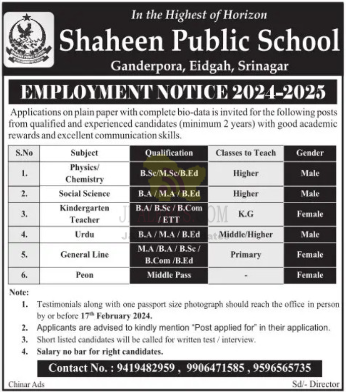 Jobs in Shaheen Public School Srinagar.