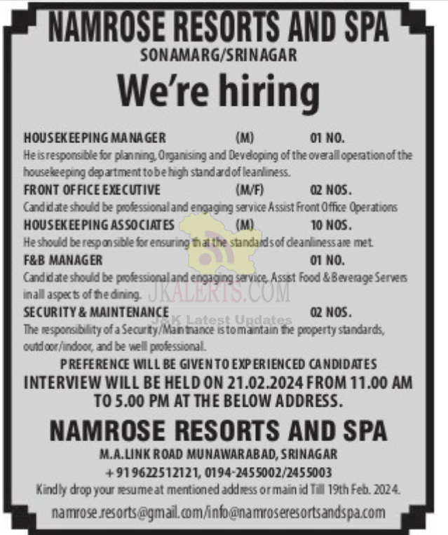 Namrose Resorts and Spa Jobs.