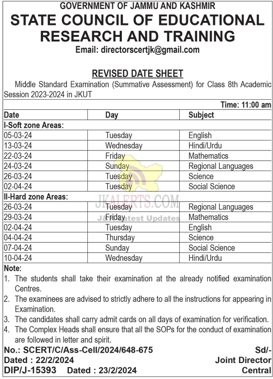 Revised Date Sheet for Class 8th Academic Session 2023-2024.