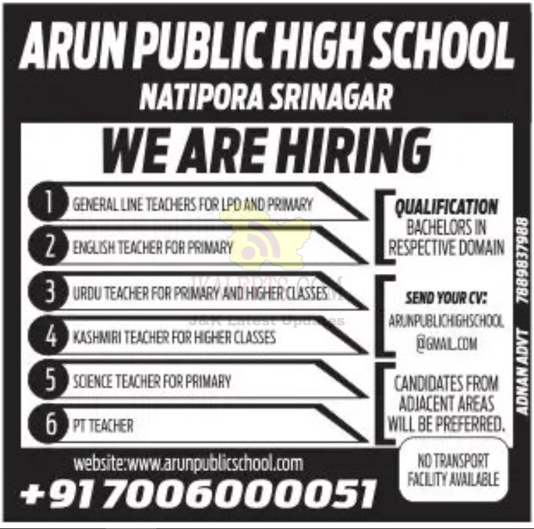 Teachers Jobs in Arun Public High School.