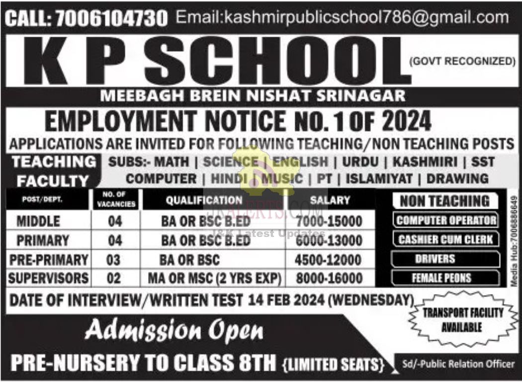 Teaching  and Non Teaching Faculty Jobs in KP School Srinagar.